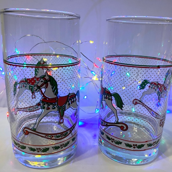 Vintage Christmas Glasses LSTC 1988 Rocking Horse Holly 🎄 Set 2 Cups Mint R/G - Picture 4 of 4